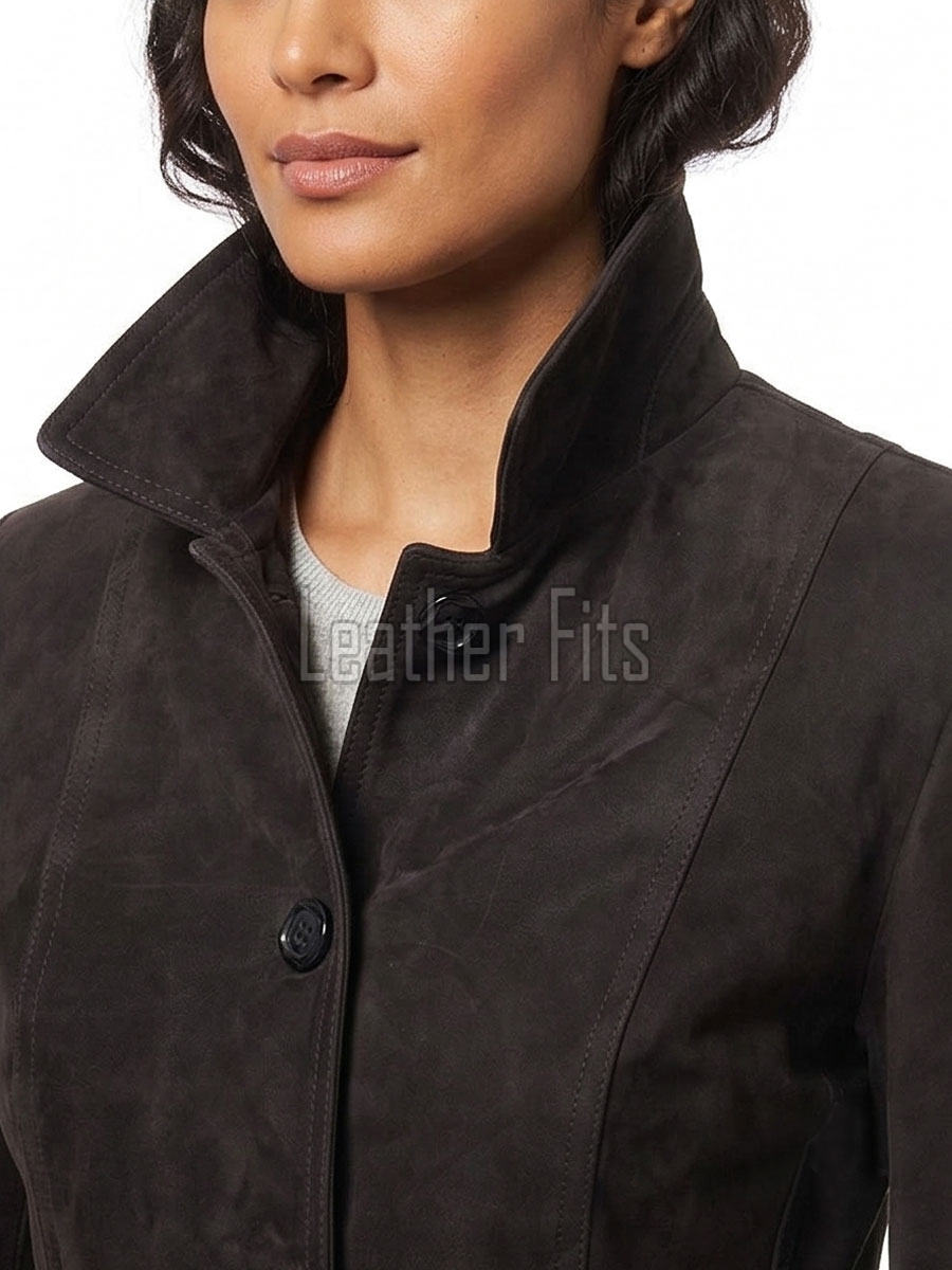 Timeless Elegance Women's Genuine Suede Leather Long Coat with Button Front, Convertible Collar, Tailored Fit and Classic Outerwear