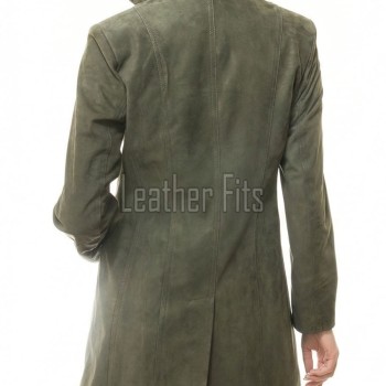 Sophisticated Heritage Women's Genuine Olive Suede Leather Long Coat with Button Front, Tailored Fit, Classic Collar Outerwear