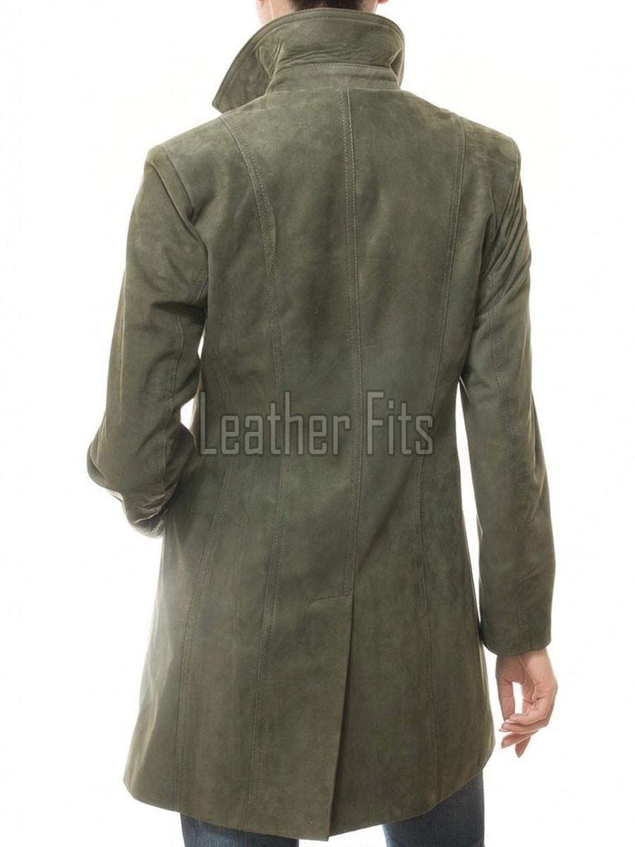 Sophisticated Heritage Women's Genuine Olive Suede Leather Long Coat with Button Front, Tailored Fit, Classic Collar Outerwear