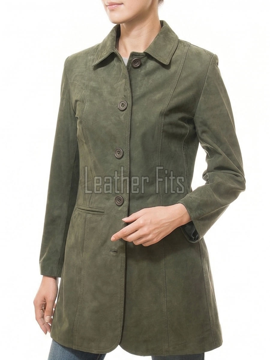 Sophisticated Heritage Women's Genuine Olive Suede Leather Long Coat with Button Front, Tailored Fit, Classic Collar Outerwear
