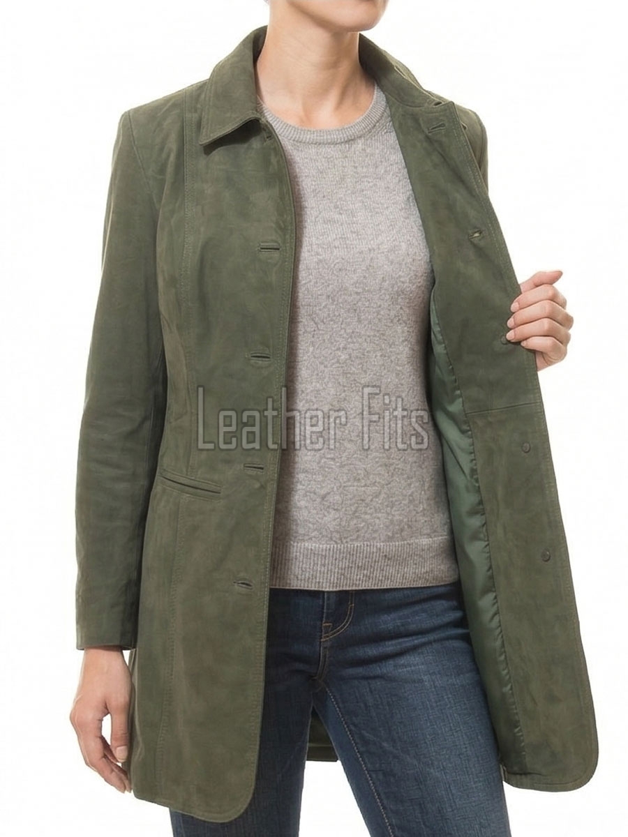 Sophisticated Heritage Women's Genuine Olive Suede Leather Long Coat with Button Front, Tailored Fit, Classic Collar Outerwear