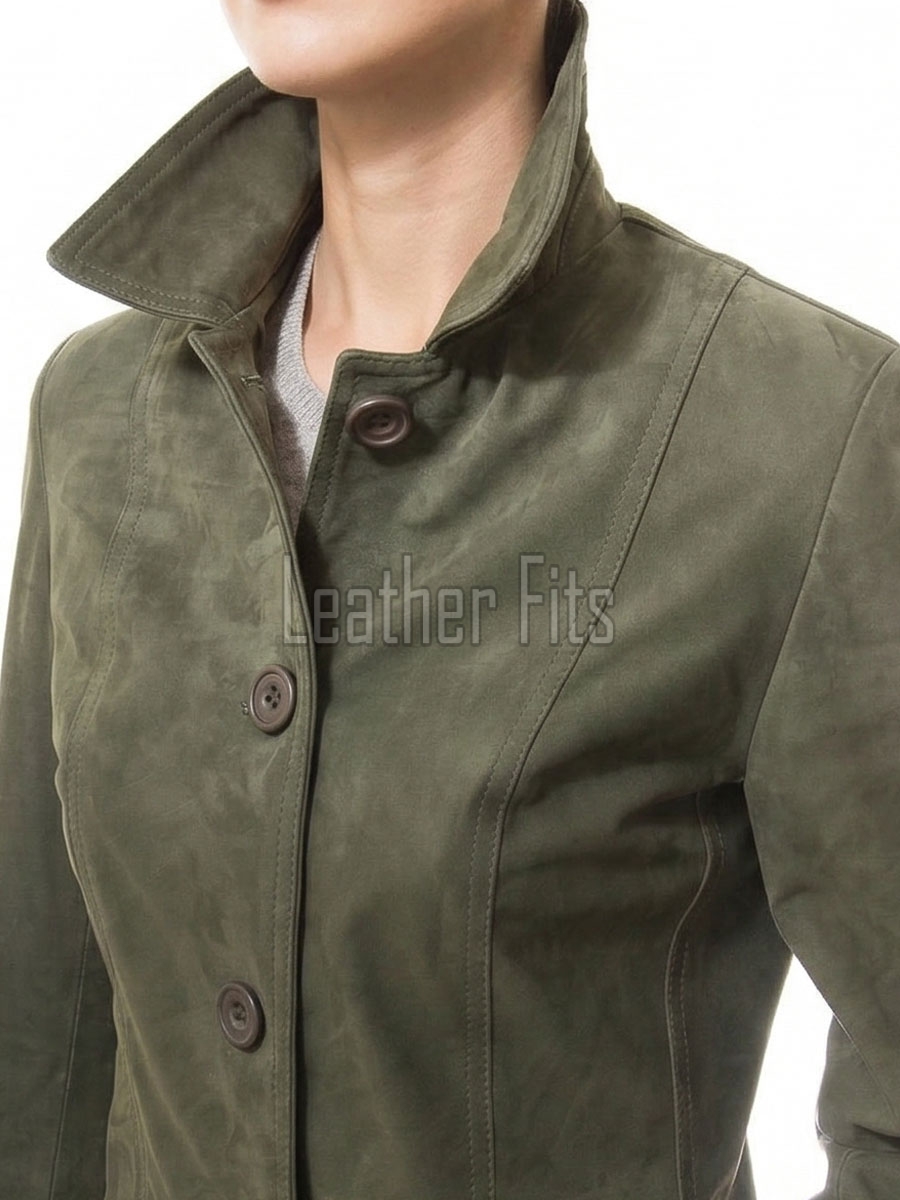 Sophisticated Heritage Women's Genuine Olive Suede Leather Long Coat with Button Front, Tailored Fit, Classic Collar Outerwear