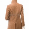 Elegant Signature Women's Genuine Tan Suede Leather Long Coat with Button Front, Stand Collar, Tailored Longline Outerwear Style