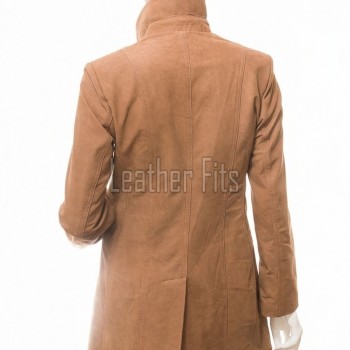 Elegant Signature Women's Genuine Tan Suede Leather Long Coat with Button Front, Stand Collar, Tailored Longline Outerwear Style
