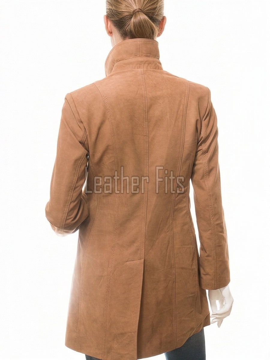 Elegant Signature Women's Genuine Tan Suede Leather Long Coat with Button Front, Stand Collar, Tailored Longline Outerwear Style