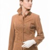 Elegant Signature Women's Genuine Tan Suede Leather Long Coat with Button Front, Stand Collar, Tailored Longline Outerwear Style