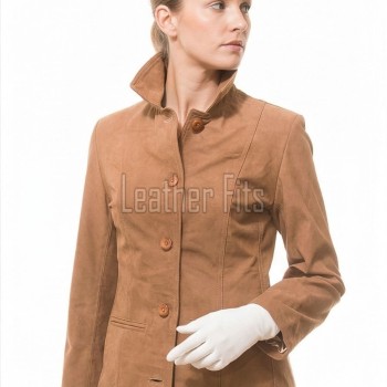 Elegant Signature Women's Genuine Tan Suede Leather Long Coat with Button Front, Stand Collar, Tailored Longline Outerwear Style