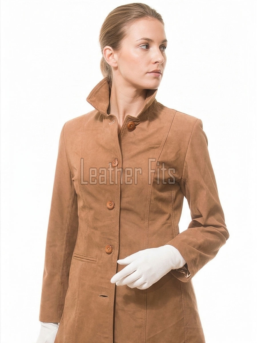 Elegant Signature Women's Genuine Tan Suede Leather Long Coat with Button Front, Stand Collar, Tailored Longline Outerwear Style
