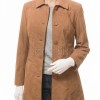 Elegant Signature Women's Genuine Tan Suede Leather Long Coat with Button Front, Stand Collar, Tailored Longline Outerwear Style