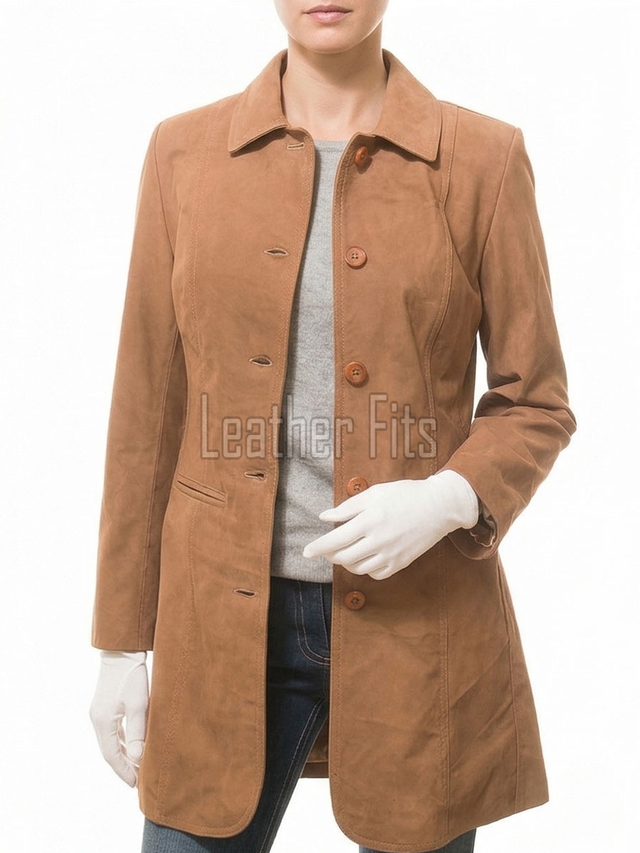 Elegant Signature Women's Genuine Tan Suede Leather Long Coat with Button Front, Stand Collar, Tailored Longline Outerwear Style