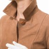 Elegant Signature Women's Genuine Tan Suede Leather Long Coat with Button Front, Stand Collar, Tailored Longline Outerwear Style
