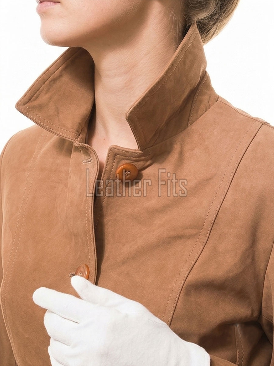 Elegant Signature Women's Genuine Tan Suede Leather Long Coat with Button Front, Stand Collar, Tailored Longline Outerwear Style