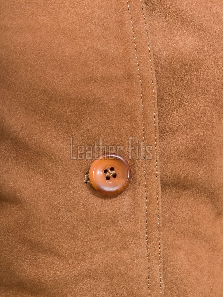 Elegant Signature Women's Genuine Tan Suede Leather Long Coat with Button Front, Stand Collar, Tailored Longline Outerwear Style