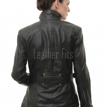 Modern Utility Women's Genuine Black Lambskin Leather Long Coat with Belted Waist, Stand Collar, Multi-Pocket Longline Outerwear