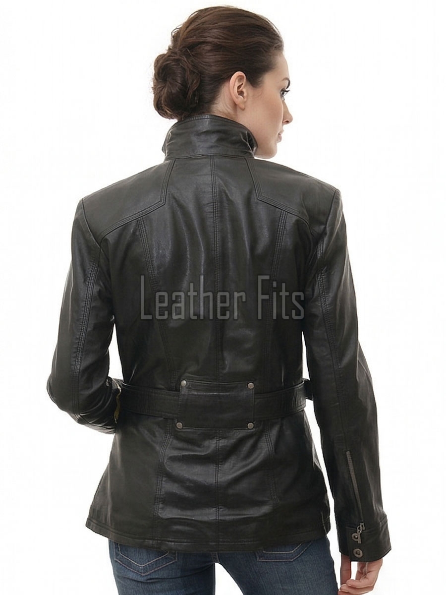 Modern Utility Women's Genuine Black Lambskin Leather Long Coat with Belted Waist, Stand Collar, Multi-Pocket Longline Outerwear