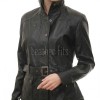 Modern Utility Women's Genuine Black Lambskin Leather Long Coat with Belted Waist, Stand Collar, Multi-Pocket Longline Outerwear