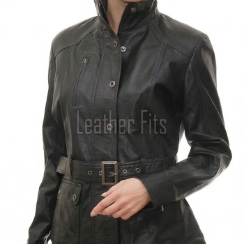 Modern Utility Women's Genuine Black Lambskin Leather Long Coat with Belted Waist, Stand Collar, Multi-Pocket Longline Outerwear