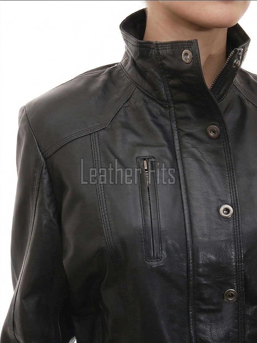 Modern Utility Women's Genuine Black Lambskin Leather Long Coat with Belted Waist, Stand Collar, Multi-Pocket Longline Outerwear