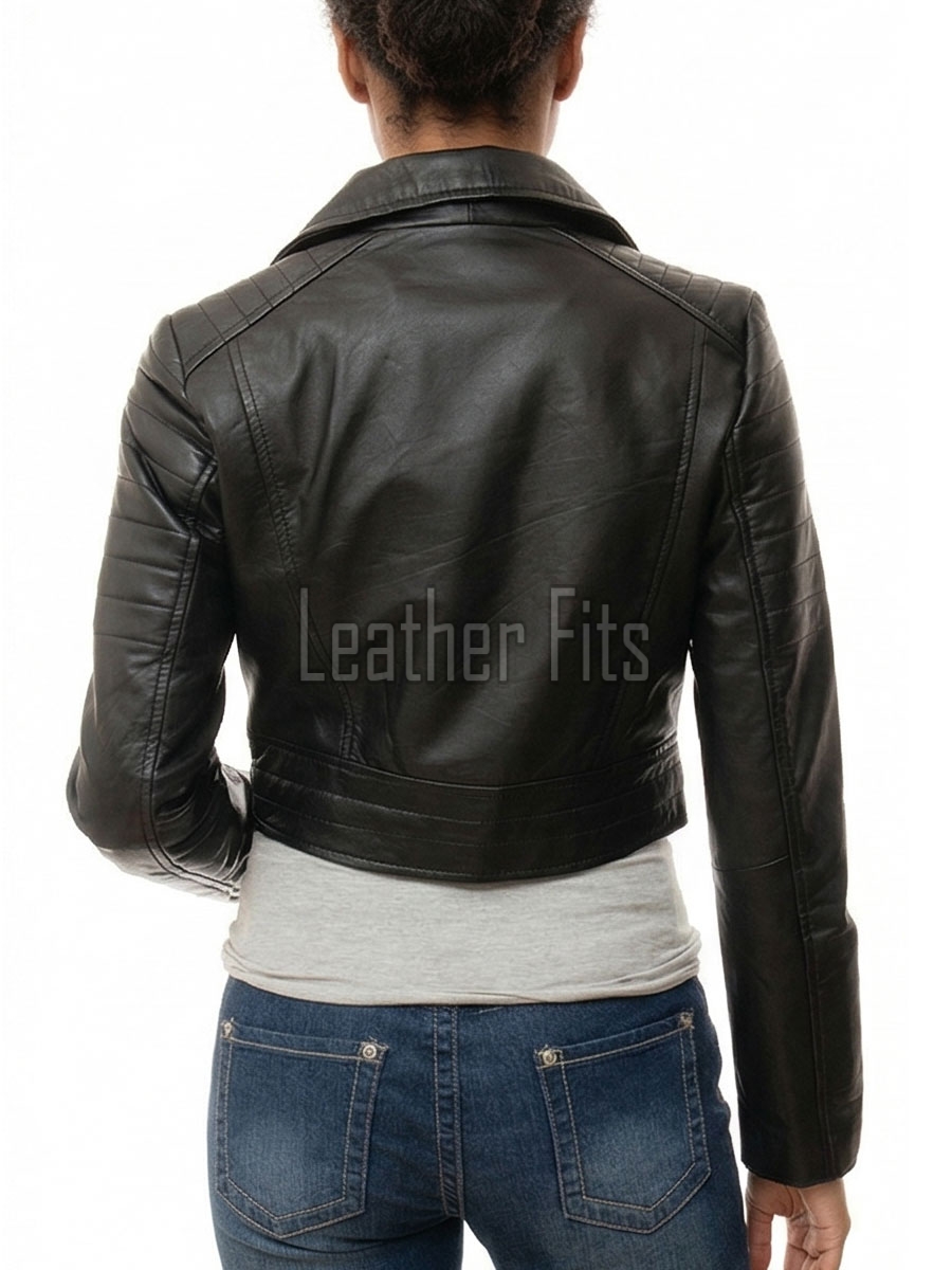 Vanguard Onyx Black Cropped Moto Jacket - Women's Genuine Lambskin Asymmetric Zip Outerwear Quilted Shoulder Panel Heavy Hardware Short Garment