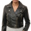 Vanguard Onyx Black Cropped Moto Jacket - Women's Genuine Lambskin Asymmetric Zip Outerwear Quilted Shoulder Panel Heavy Hardware Short Garment