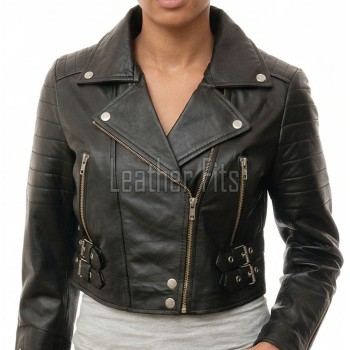 Vanguard Onyx Black Cropped Moto Jacket - Women's Genuine Lambskin Asymmetric Zip Outerwear Quilted Shoulder Panel Heavy Hardware Short Garment
