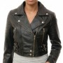Vanguard Onyx Black Cropped Moto Jacket - Women's Genuine Lambskin Asymmetric Zip Outerwear Quilted Shoulder Panel Heavy Hardware Short Garment
