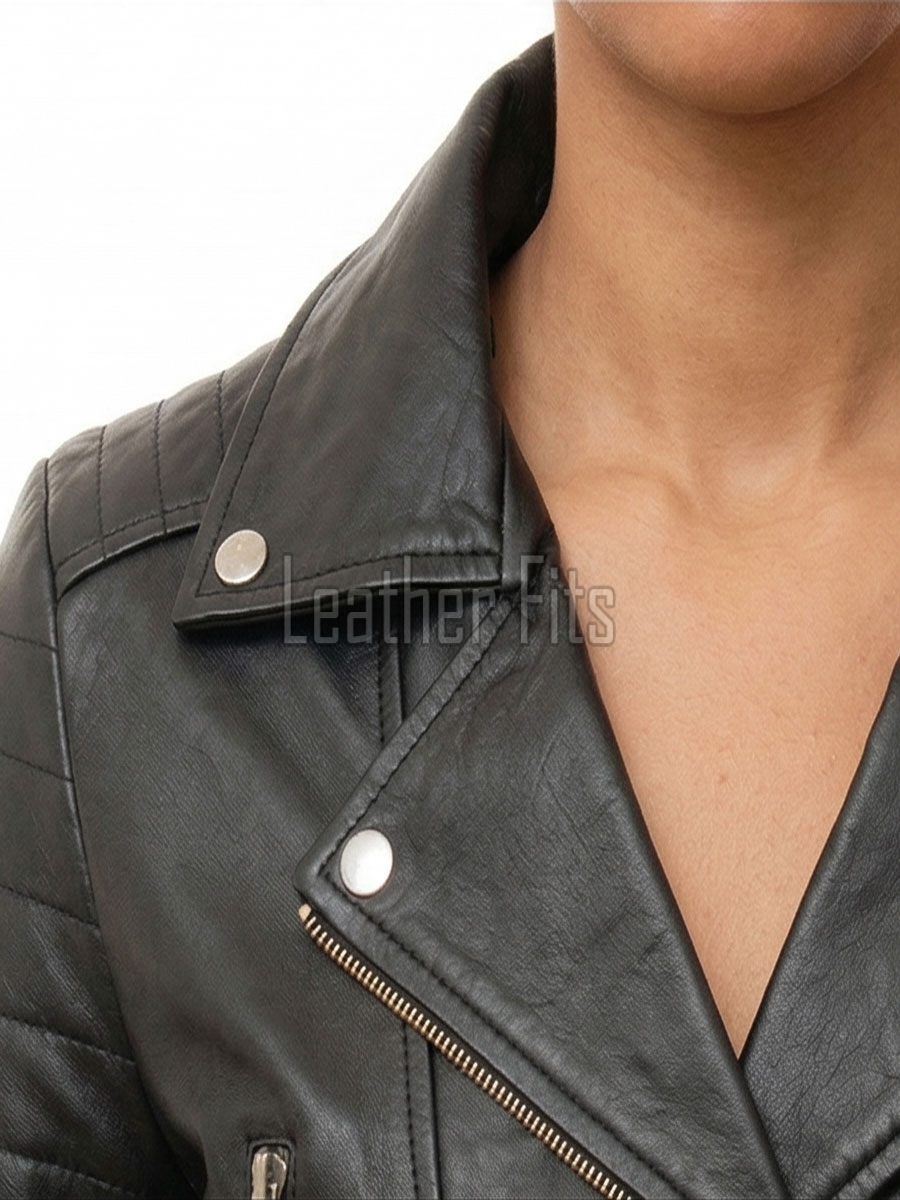 Vanguard Onyx Black Cropped Moto Jacket - Women's Genuine Lambskin Asymmetric Zip Outerwear Quilted Shoulder Panel Heavy Hardware Short Garment