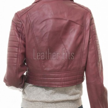 Regal Burgundy Cropped Moto Jacket - Women's Genuine Lambskin Asymmetric Zip Outerwear Ribbed Shoulder Panel Double Buckle Short Garment