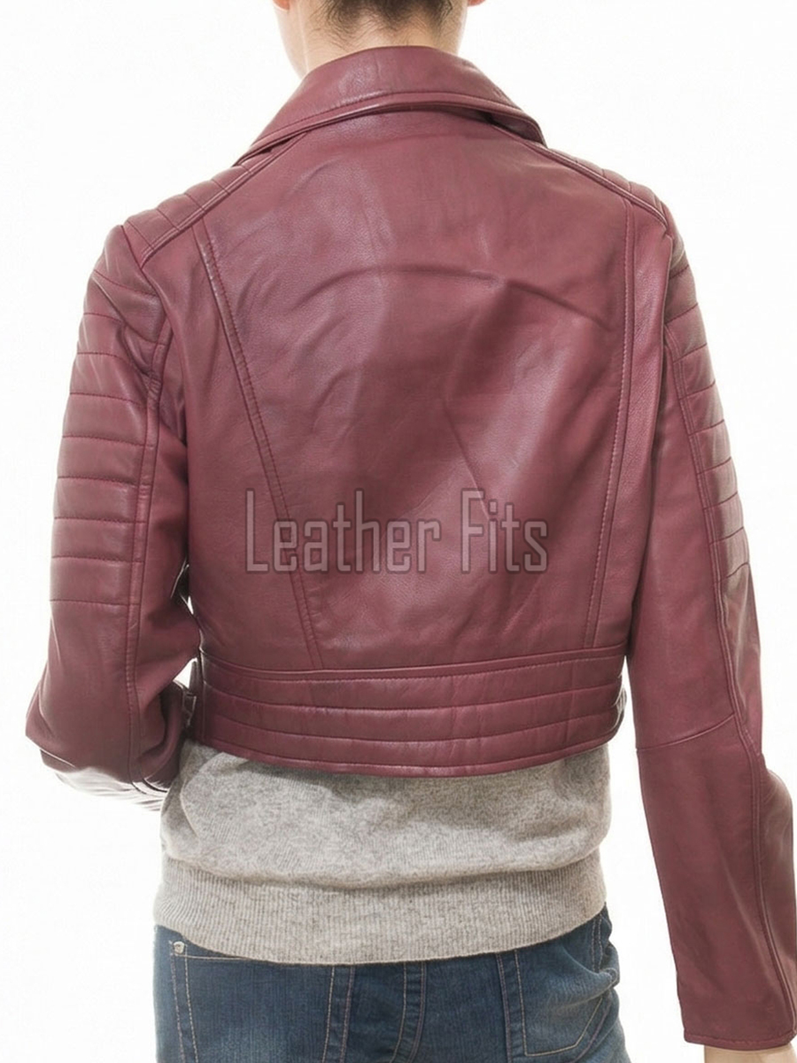 Regal Burgundy Cropped Moto Jacket - Women's Genuine Lambskin Asymmetric Zip Outerwear Ribbed Shoulder Panel Double Buckle Short Garment