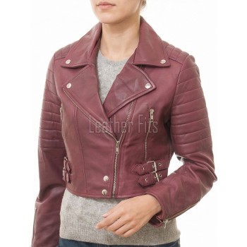 Regal Burgundy Cropped Moto Jacket - Women's Genuine Lambskin Asymmetric Zip Outerwear Ribbed Shoulder Panel Double Buckle Short Garment