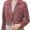 Regal Burgundy Cropped Moto Jacket - Women's Genuine Lambskin Asymmetric Zip Outerwear Ribbed Shoulder Panel Double Buckle Short Garment