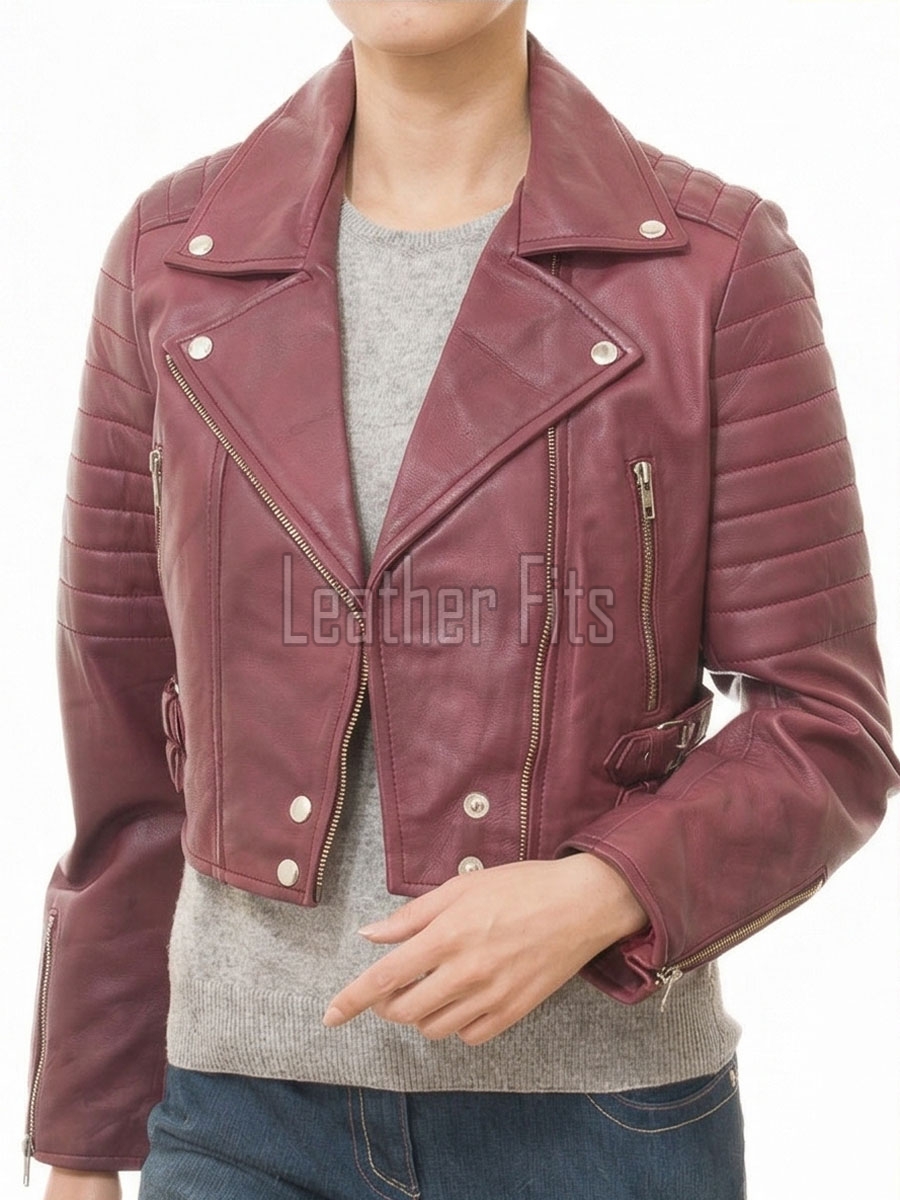 Regal Burgundy Cropped Moto Jacket - Women's Genuine Lambskin Asymmetric Zip Outerwear Ribbed Shoulder Panel Double Buckle Short Garment