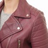 Regal Burgundy Cropped Moto Jacket - Women's Genuine Lambskin Asymmetric Zip Outerwear Ribbed Shoulder Panel Double Buckle Short Garment
