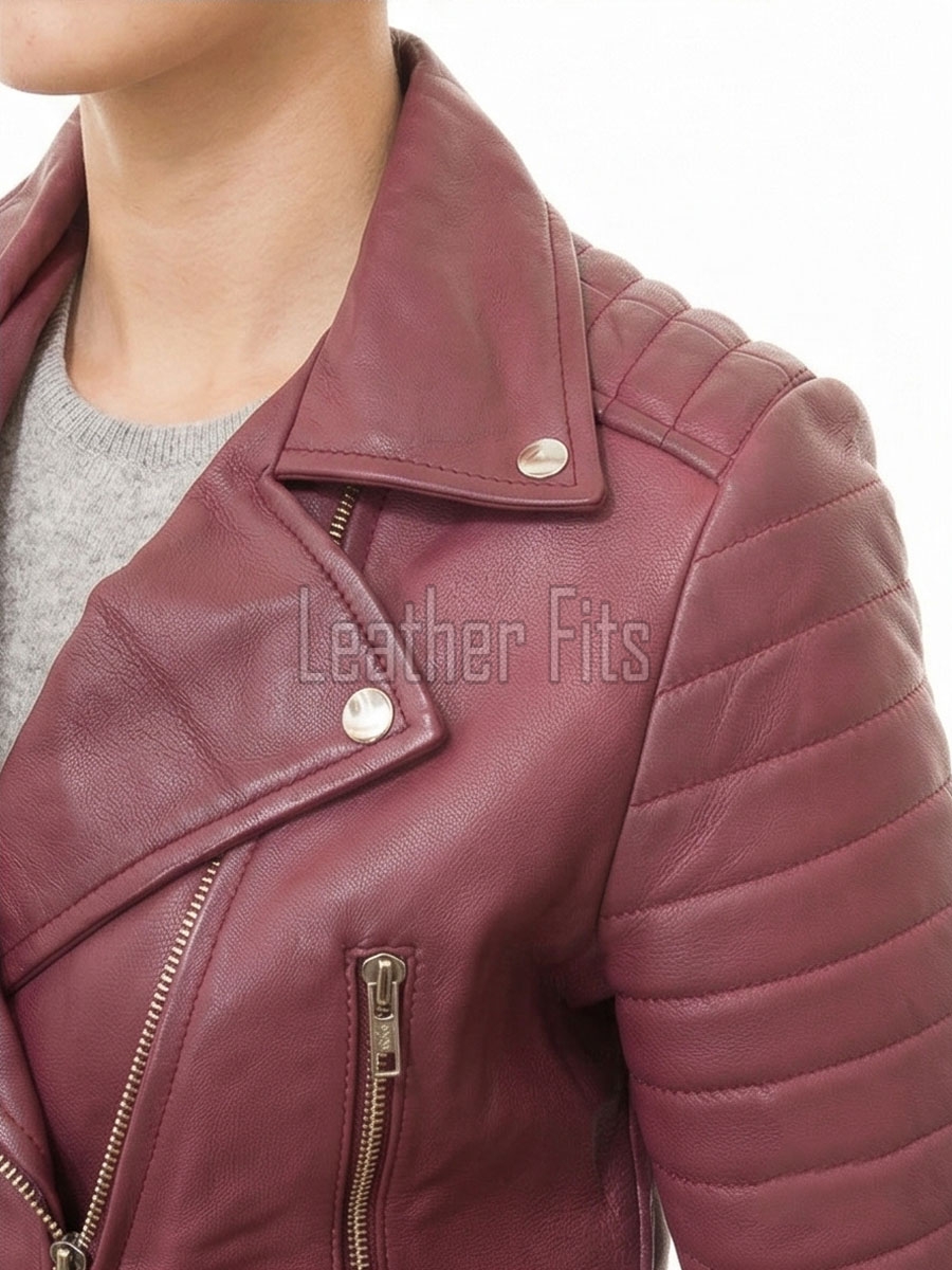 Regal Burgundy Cropped Moto Jacket - Women's Genuine Lambskin Asymmetric Zip Outerwear Ribbed Shoulder Panel Double Buckle Short Garment