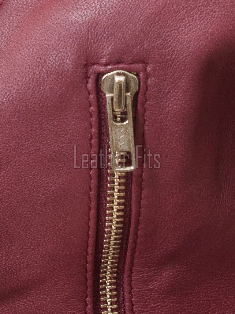 Regal Burgundy Cropped Moto Jacket - Women's Genuine Lambskin Asymmetric Zip Outerwear Ribbed Shoulder Panel Double Buckle Short Garment