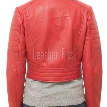 Crimson Scarlet Cropped Moto Jacket - Women's Genuine Lambskin Asymmetric Zip Outerwear Ribbed Shoulder Detail Dual Side Buckle Short Garment