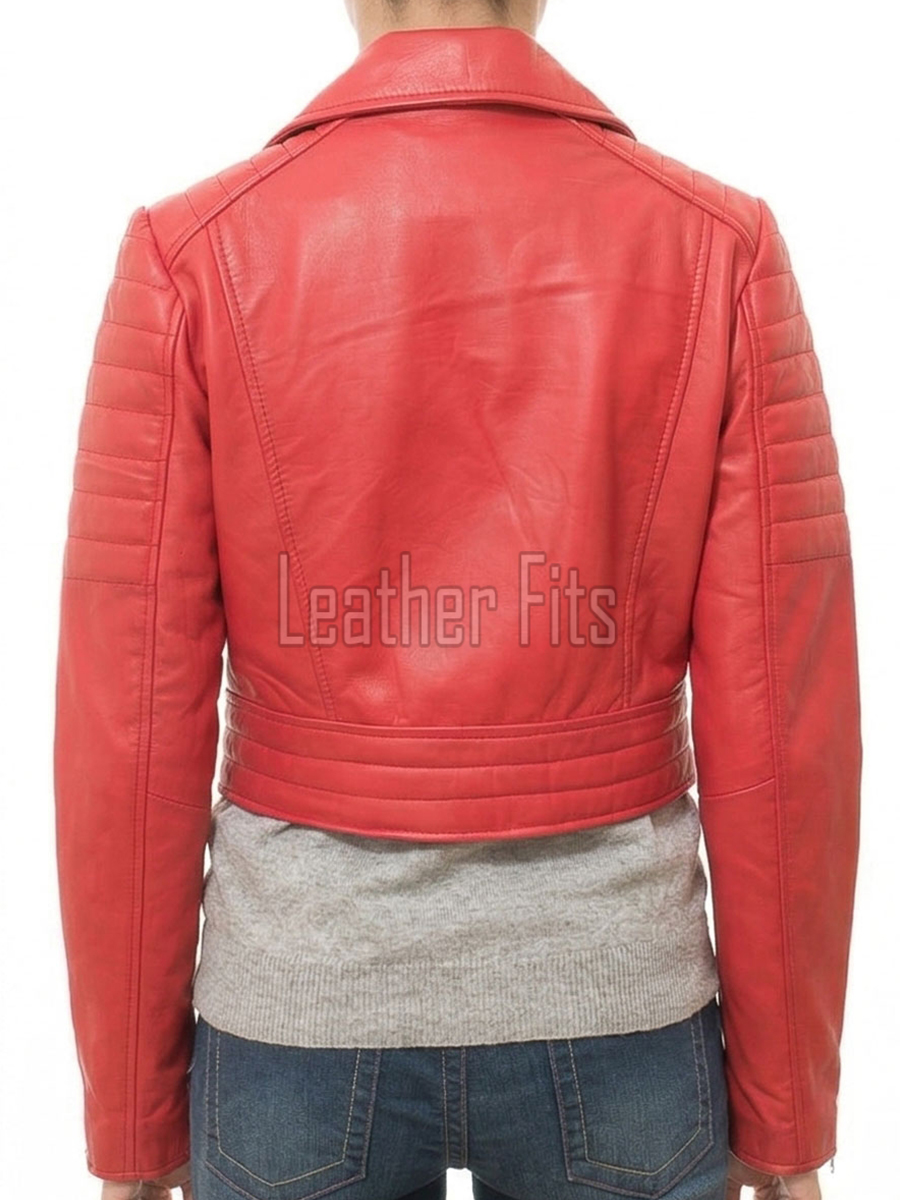 Crimson Scarlet Cropped Moto Jacket - Women's Genuine Lambskin Asymmetric Zip Outerwear Ribbed Shoulder Detail Dual Side Buckle Short Garment