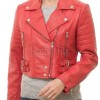 Crimson Scarlet Cropped Moto Jacket - Women's Genuine Lambskin Asymmetric Zip Outerwear Ribbed Shoulder Detail Dual Side Buckle Short Garment