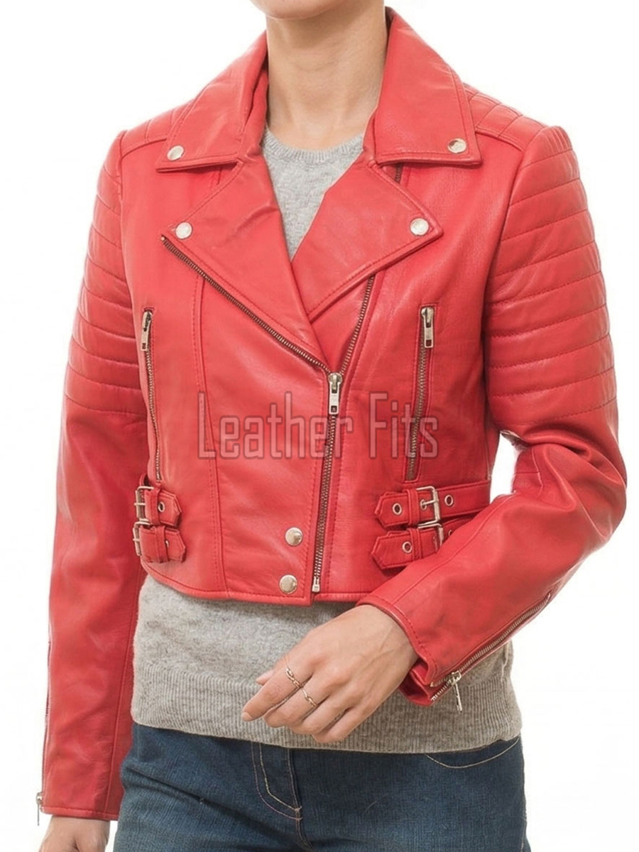 Crimson Scarlet Cropped Moto Jacket - Women's Genuine Lambskin Asymmetric Zip Outerwear Ribbed Shoulder Detail Dual Side Buckle Short Garment