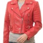 Crimson Scarlet Cropped Moto Jacket - Women's Genuine Lambskin Asymmetric Zip Outerwear Ribbed Shoulder Detail Dual Side Buckle Short Garment