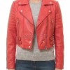 Crimson Scarlet Cropped Moto Jacket - Women's Genuine Lambskin Asymmetric Zip Outerwear Ribbed Shoulder Detail Dual Side Buckle Short Garment