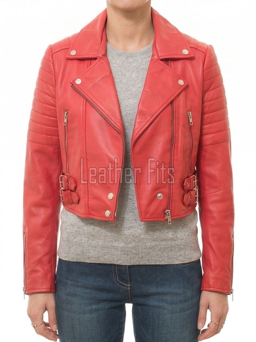 Crimson Scarlet Cropped Moto Jacket - Women's Genuine Lambskin Asymmetric Zip Outerwear Ribbed Shoulder Detail Dual Side Buckle Short Garment
