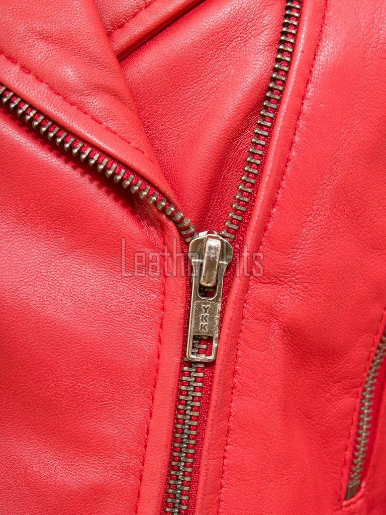 Crimson Scarlet Cropped Moto Jacket - Women's Genuine Lambskin Asymmetric Zip Outerwear Ribbed Shoulder Detail Dual Side Buckle Short Garment