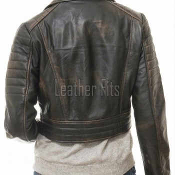 Vintage Distressed Cropped Moto Jacket - Women's Genuine Cowhide Asymmetric Zip Outerwear Ribbed Shoulder Panel Antique Finish Short Garment