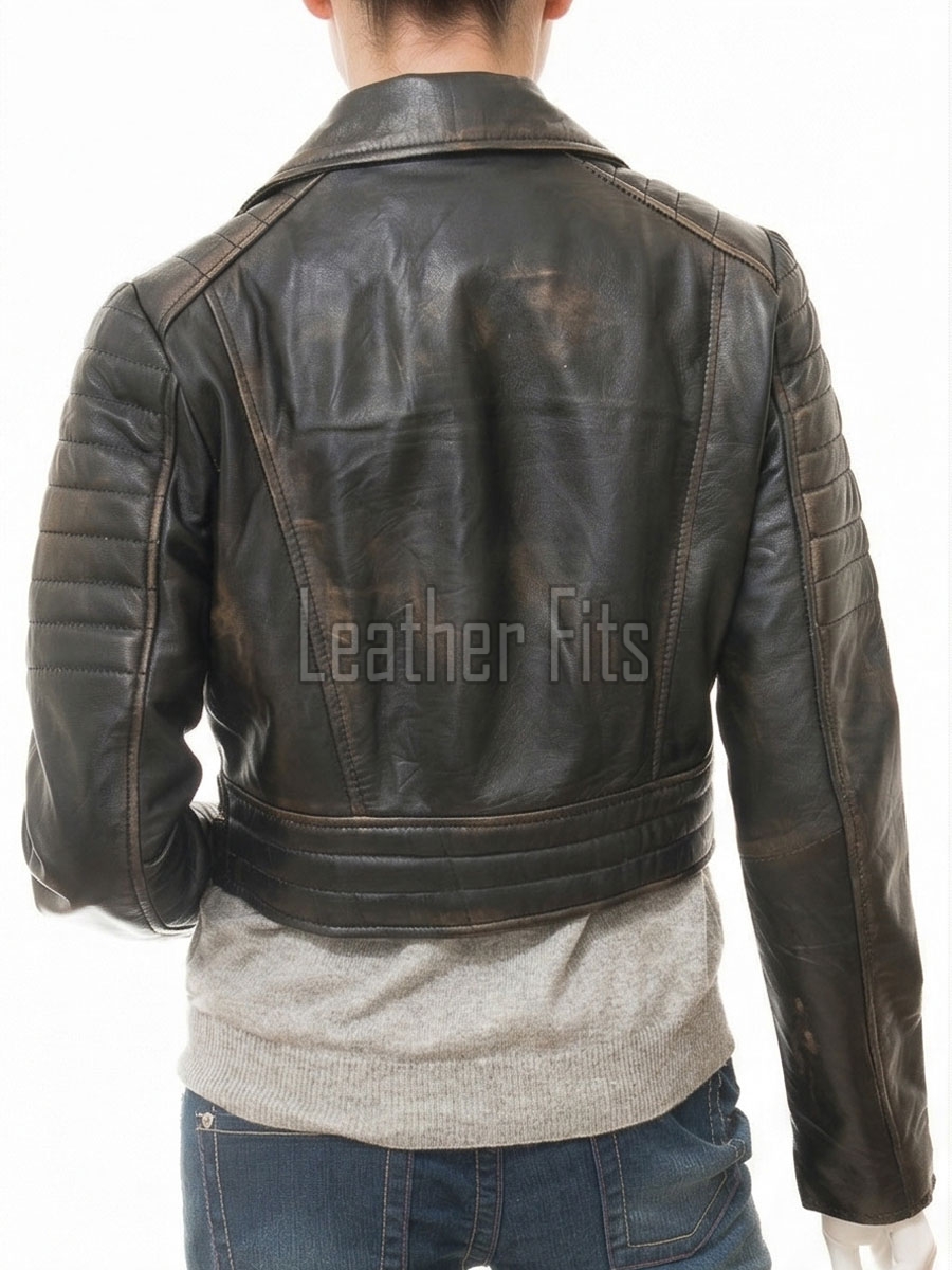 Vintage Distressed Cropped Moto Jacket - Women's Genuine Cowhide Asymmetric Zip Outerwear Ribbed Shoulder Panel Antique Finish Short Garment
