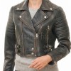 Vintage Distressed Cropped Moto Jacket - Women's Genuine Cowhide Asymmetric Zip Outerwear Ribbed Shoulder Panel Antique Finish Short Garment