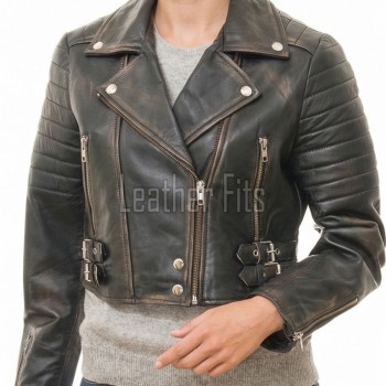 Vintage Distressed Cropped Moto Jacket - Women's Genuine Cowhide Asymmetric Zip Outerwear Ribbed Shoulder Panel Antique Finish Short Garment