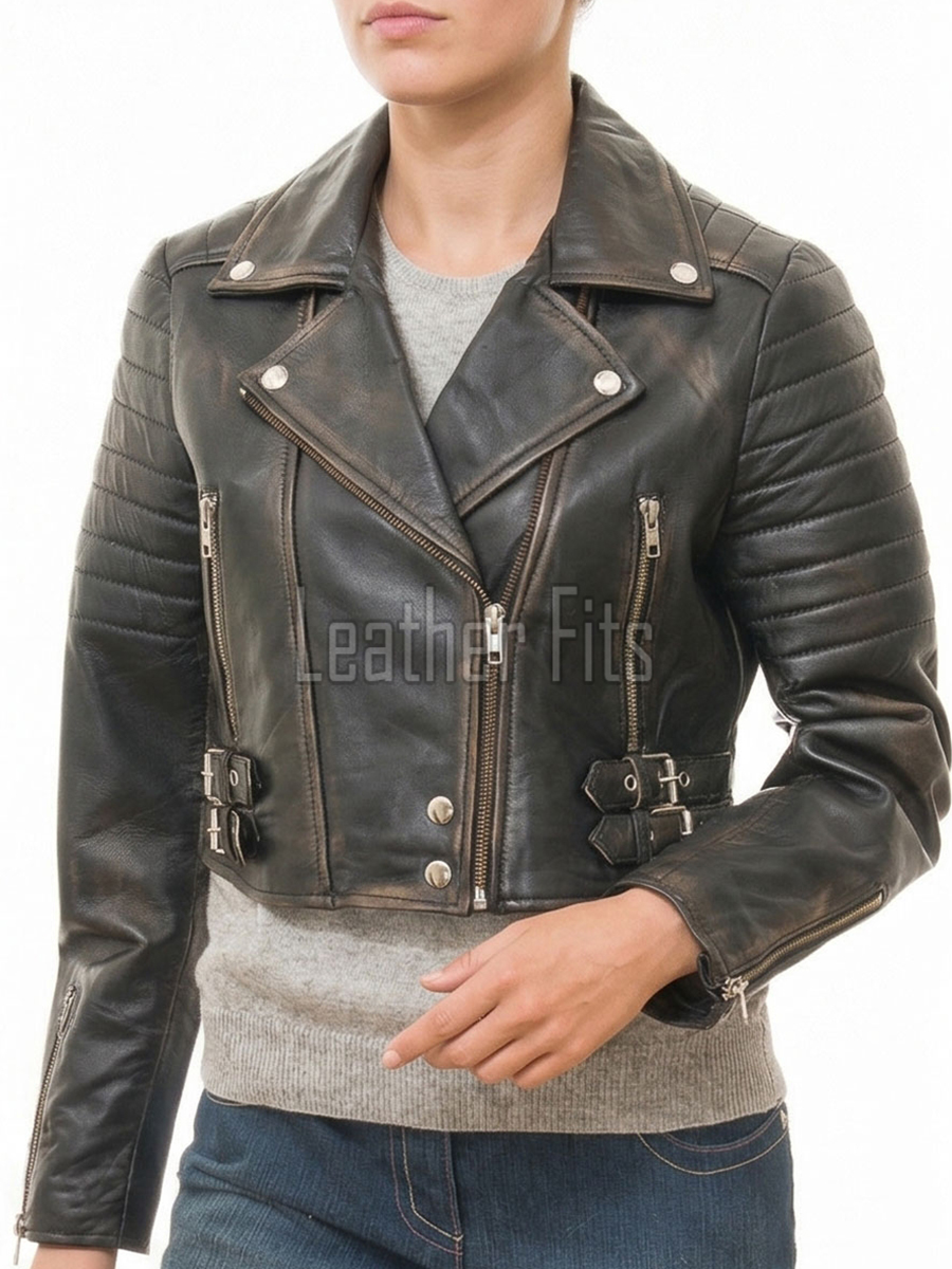 Vintage Distressed Cropped Moto Jacket - Women's Genuine Cowhide Asymmetric Zip Outerwear Ribbed Shoulder Panel Antique Finish Short Garment