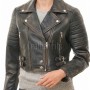 Vintage Distressed Cropped Moto Jacket - Women's Genuine Cowhide Asymmetric Zip Outerwear Ribbed Shoulder Panel Antique Finish Short Garment