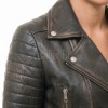 Vintage Distressed Cropped Moto Jacket - Women's Genuine Cowhide Asymmetric Zip Outerwear Ribbed Shoulder Panel Antique Finish Short Garment